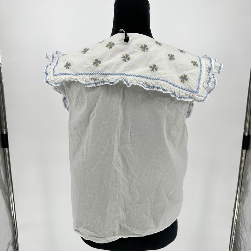 Zara White Cotton Peter Pan Collar Blouse Puff Sleeve Ruffle Top Cottage Small - Picture 6 of 6